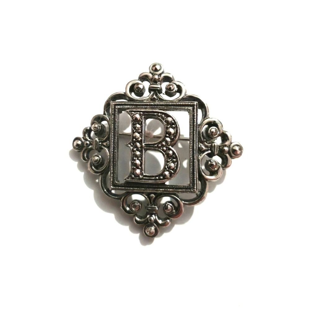 Vintage Antiqued Silver Tone Initial B Brooch Ornate Fleur De Lis Frame Pin